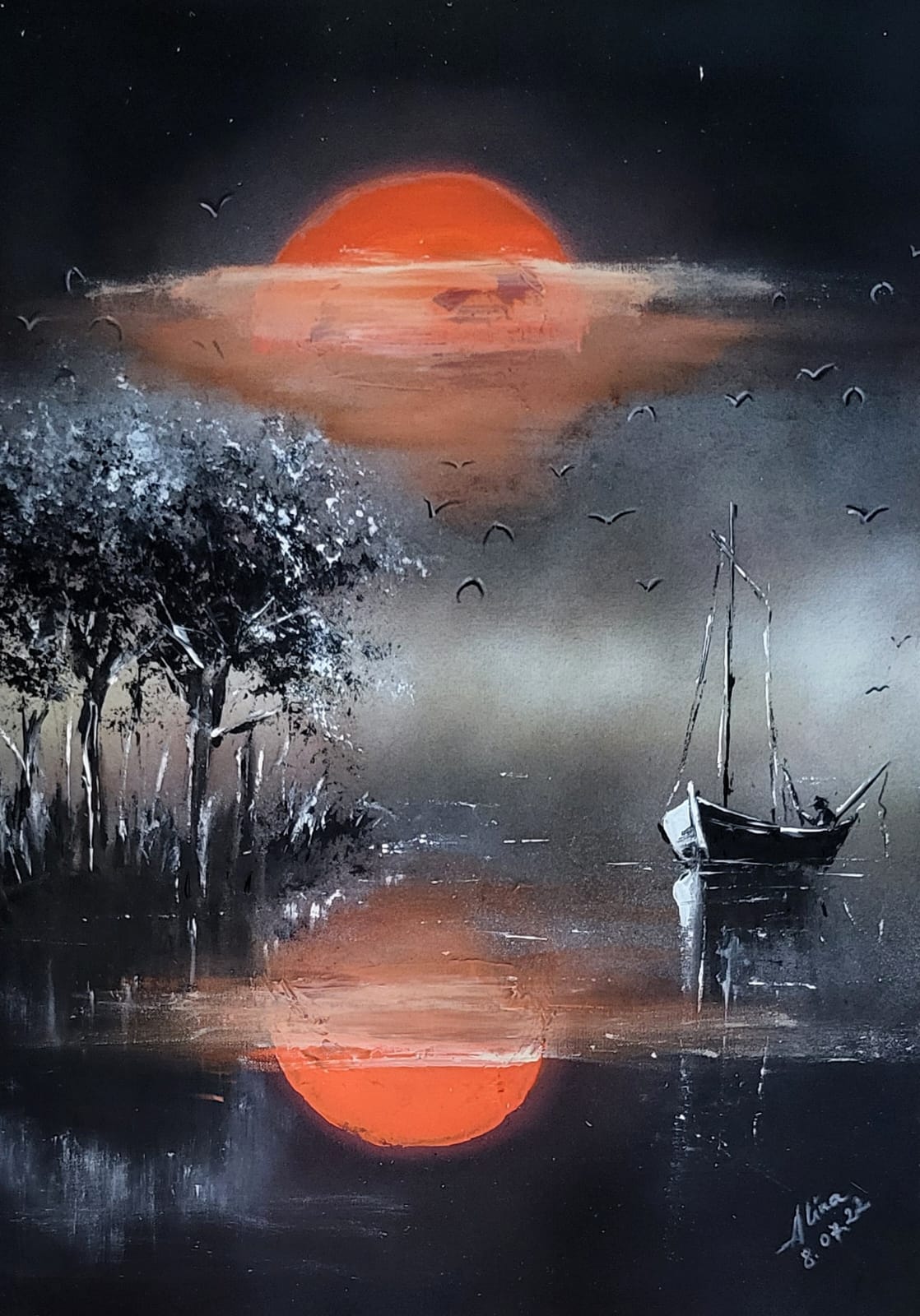 ArteDiAlina.com painting: Half moon on the water
